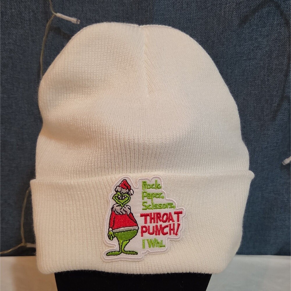 Custom Grinch Throat Punch White Knit Beanie Funny Holiday Hat Brand